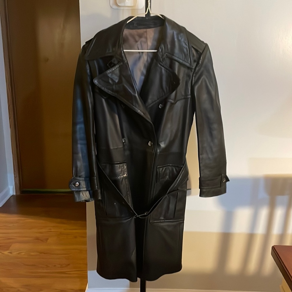 DiMartino Clothes exclusively for Bernie’s black leather trench coat